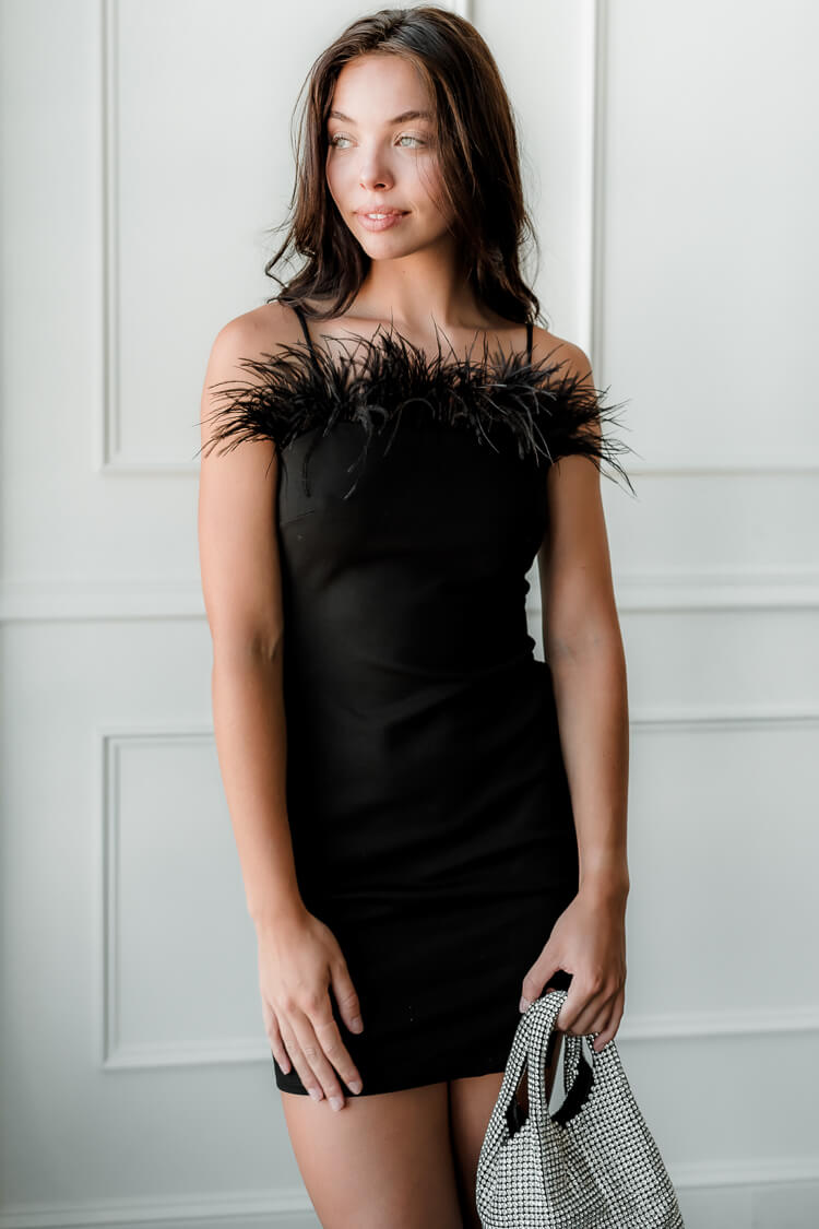 Richilde Black Strapless Feather Mini Dress