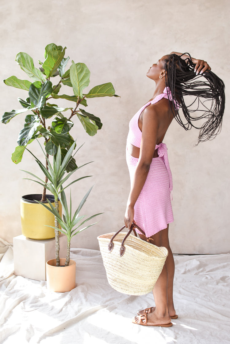 pink crochet cutout mini dress