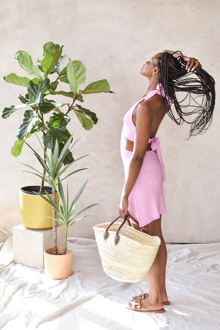 pink crochet cutout mini dress