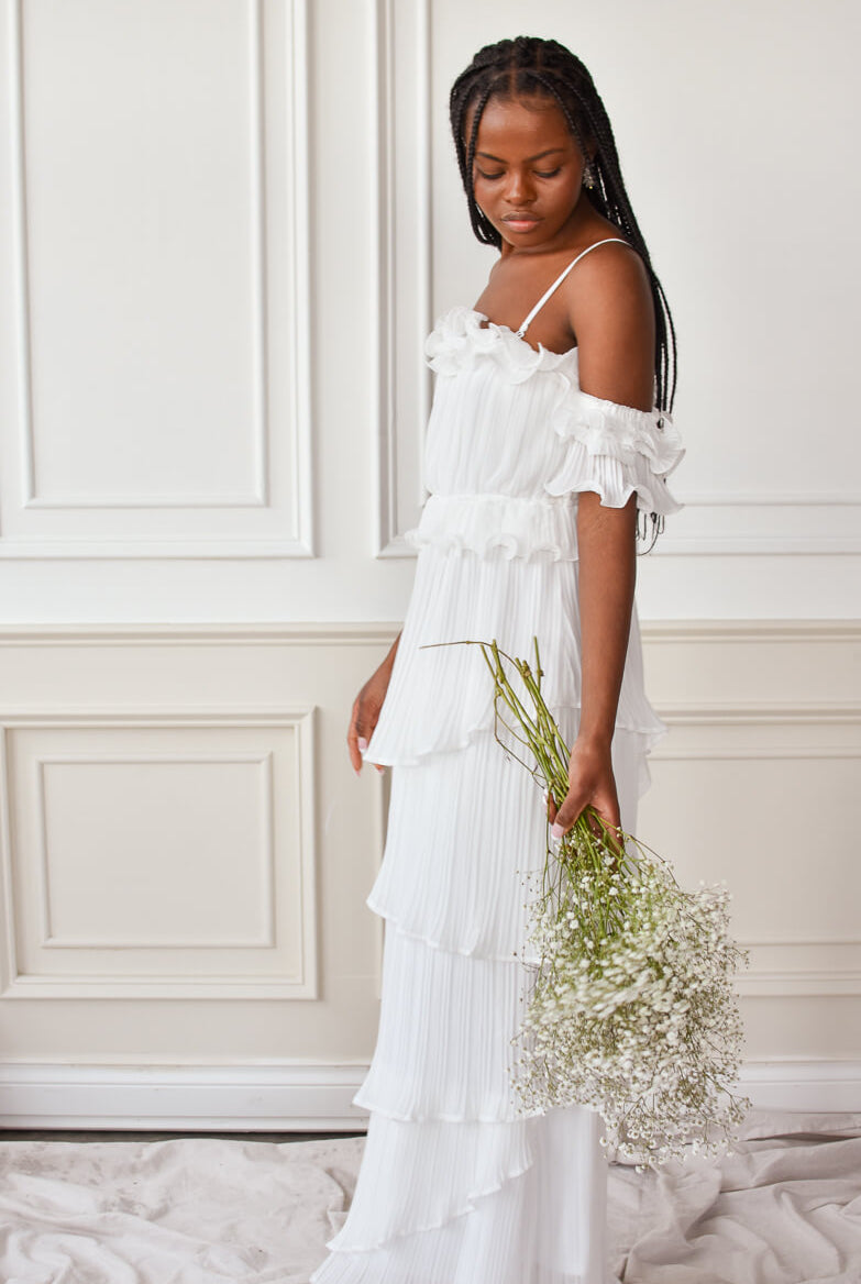 white ruffle off the shoulder maxi dress