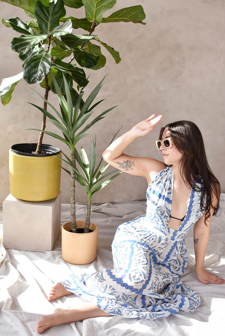 blue and white tile beach cover up