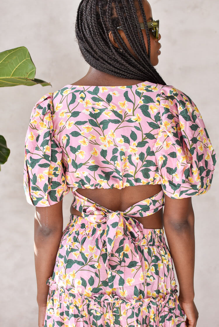 pink and green floral crop top from moon river