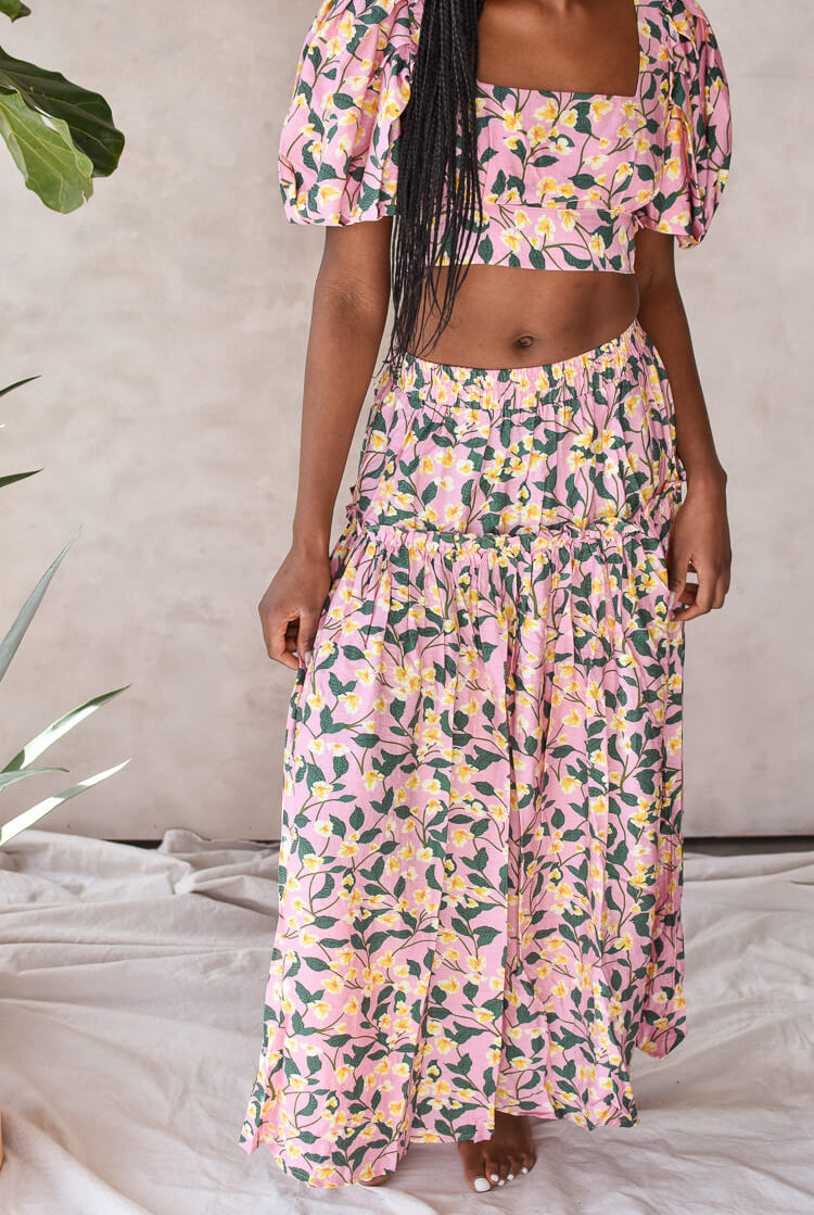 pink and green floral crop top from moon river