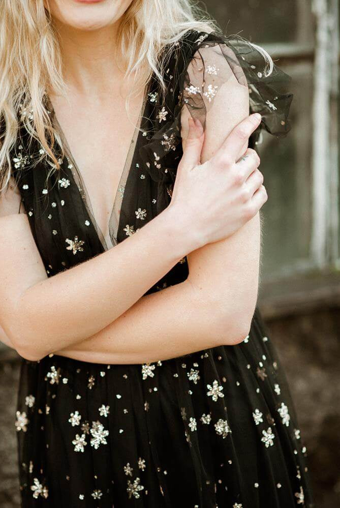 Black Sequin Star Mesh Ruffle Maxi Dress