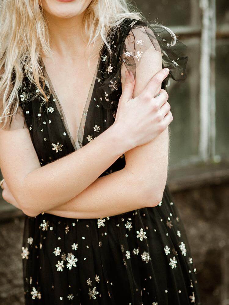 Black Sequin Star Mesh Ruffle Maxi Dress