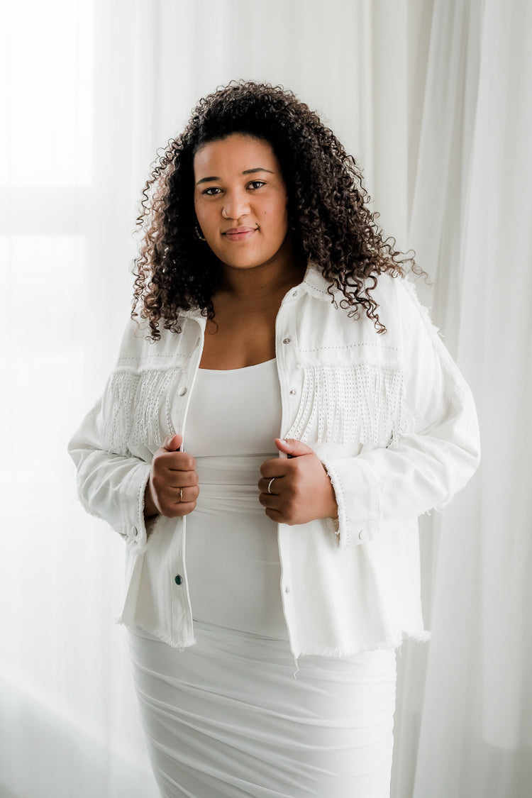 White Plus Size Jean Jacket with Fringe XXL