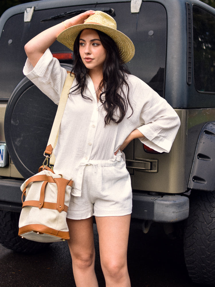 model wearing a white relaxed cotton top