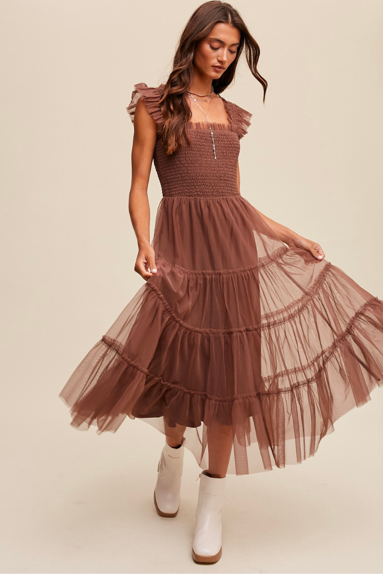 brown tulle midi dress with smocked chest