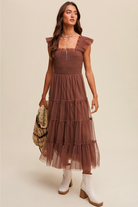 brown tulle midi dress with smocked chest