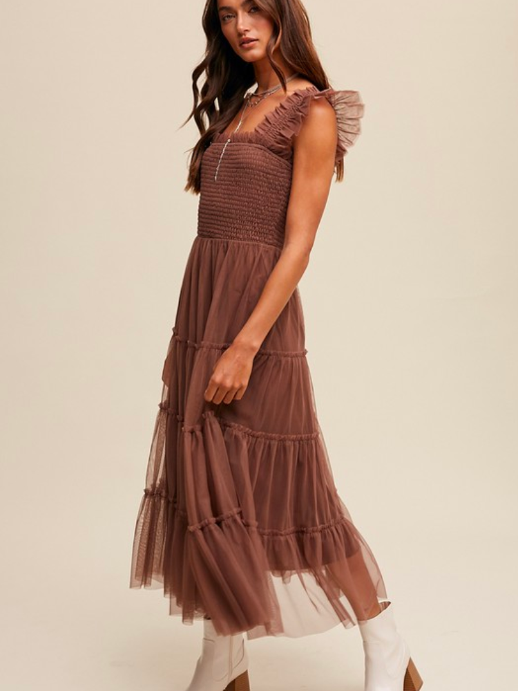 brown tulle midi dress with smocked chest