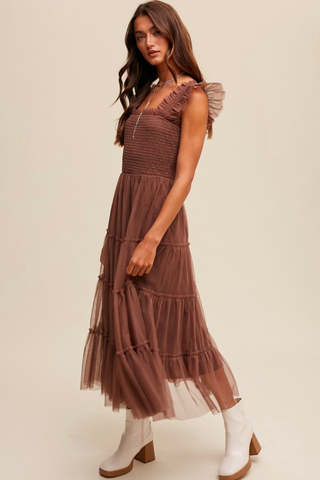 brown tulle midi dress with smocked chest