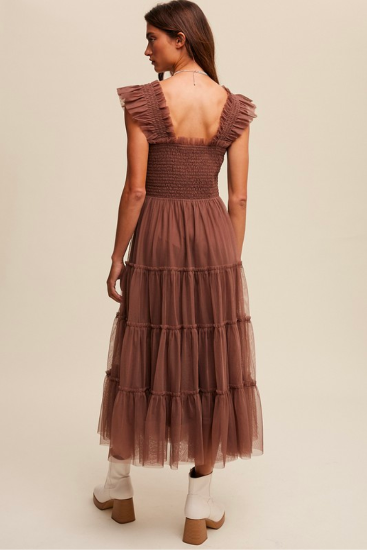 brown tulle midi dress with smocked chest