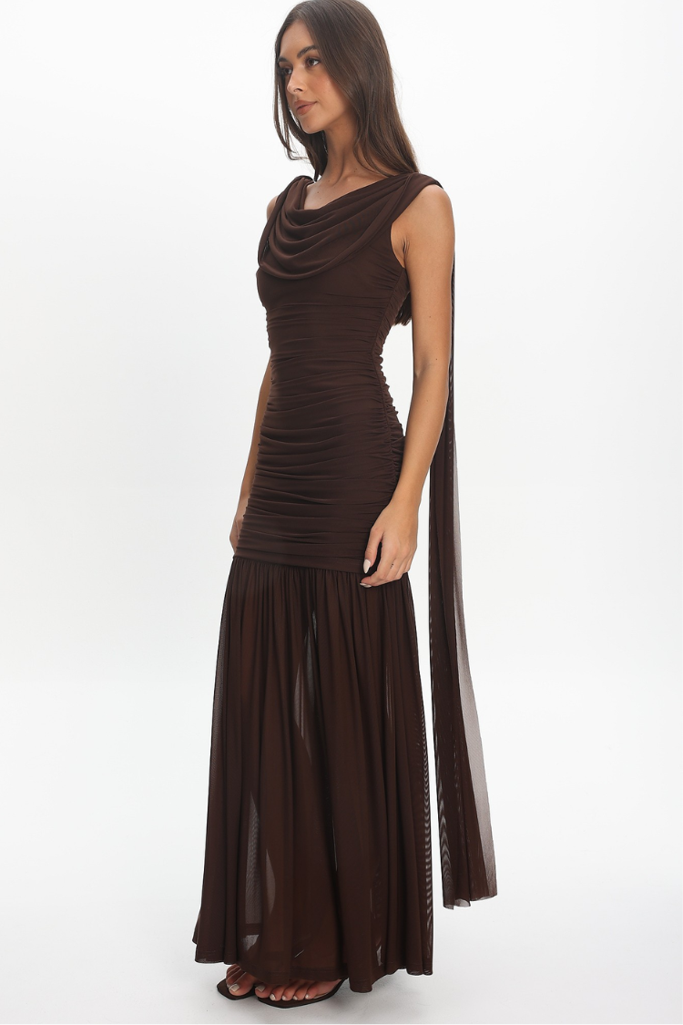 Athena Ruched Cowl Neck Maxi Dress - Chocolate Brown