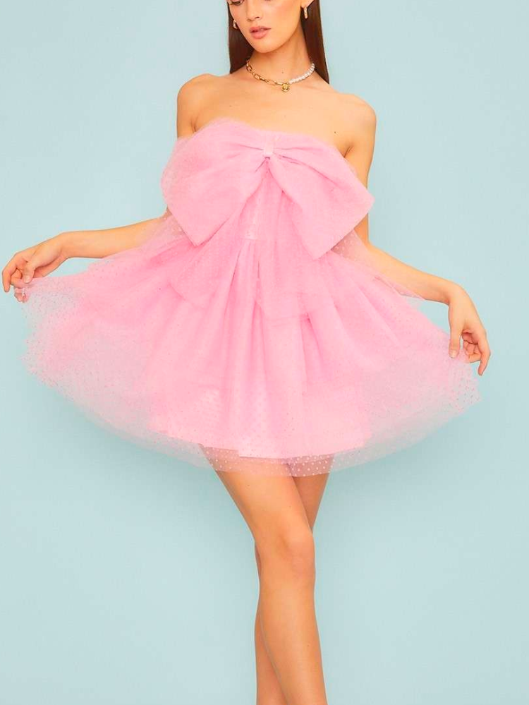 Lowery Swiss Dot Bow Mini Dress - Pink