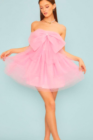 Lowery Swiss Dot Bow Mini Dress - Pink