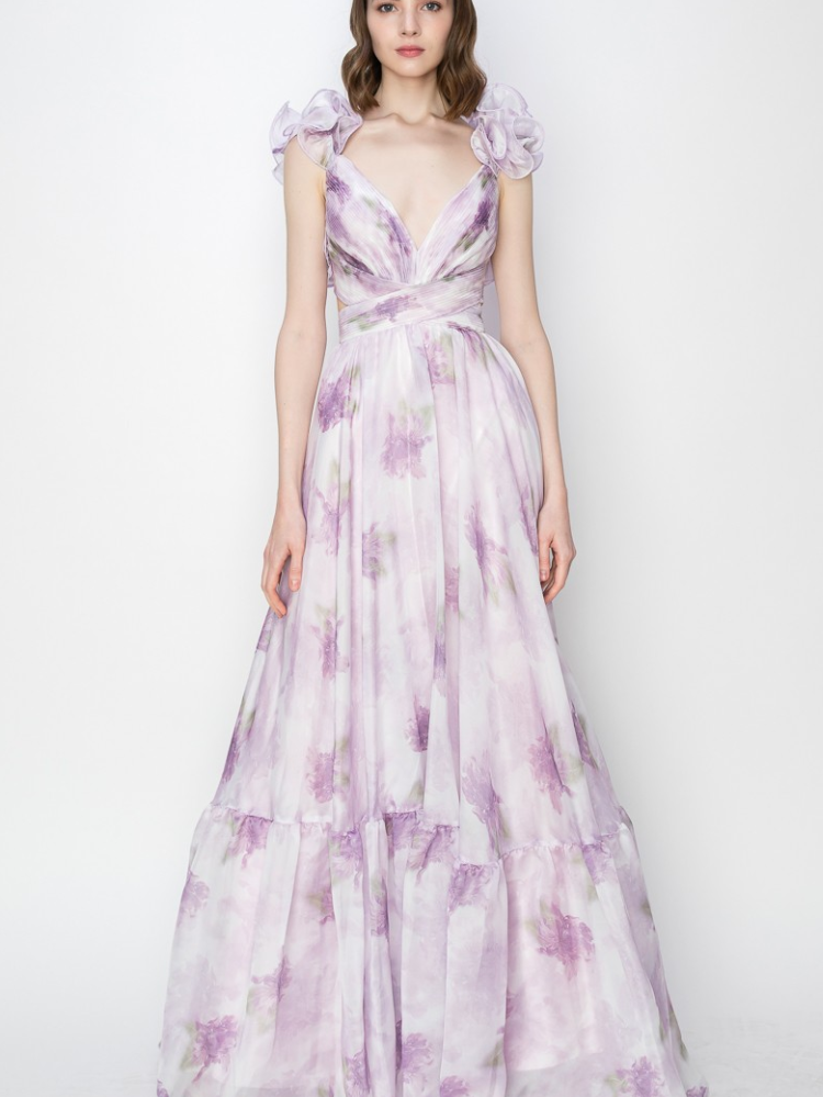 PRE-ORDER - Fleur Ruffle Shoulder Maxi Dress - Lilac