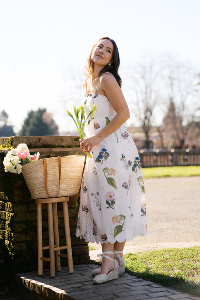 white dress with flowers Wedtrend Women Blue Flower Prom Slit A-Line Strapless Corset Long Wedding Dress, White Blue Flower / US2 Team it with white heels and get ready to be swept off your feet milie sleeveless floral-applique midi dress