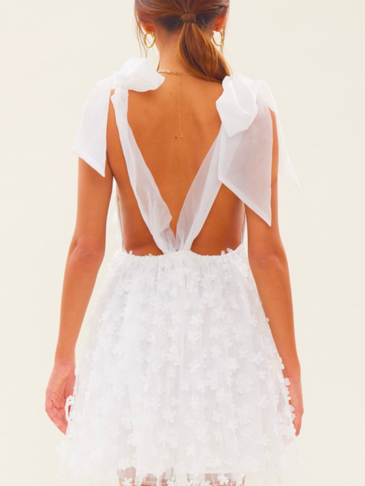 white 3d floral mini dress