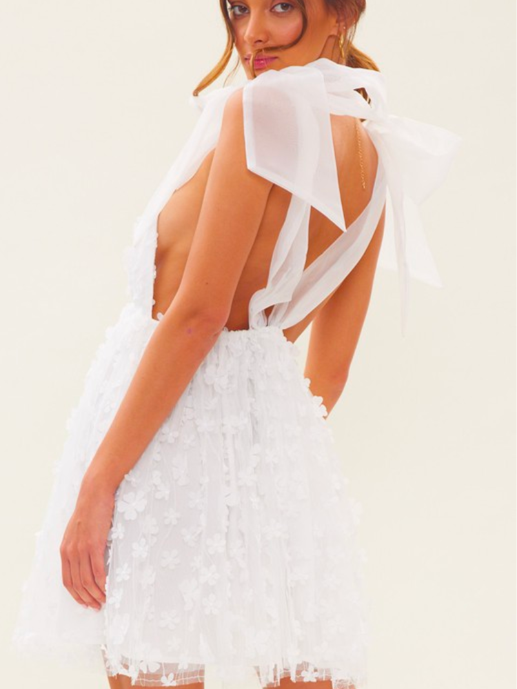 white 3d floral mini dress