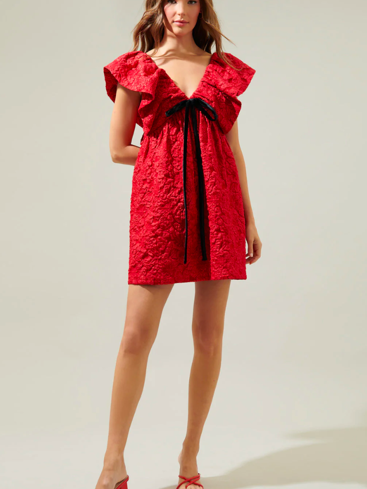 Arielle Red Jacquard Babydoll Mini Dress
