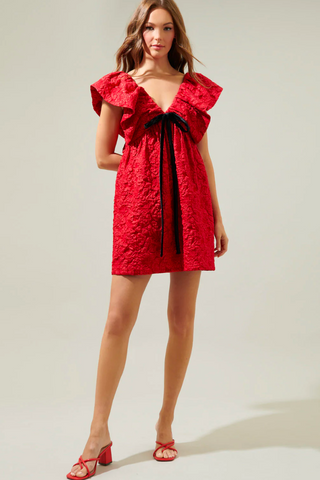 Arielle Red Jacquard Babydoll Mini Dress