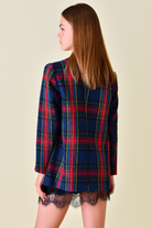 blue, green and red plaid blazer