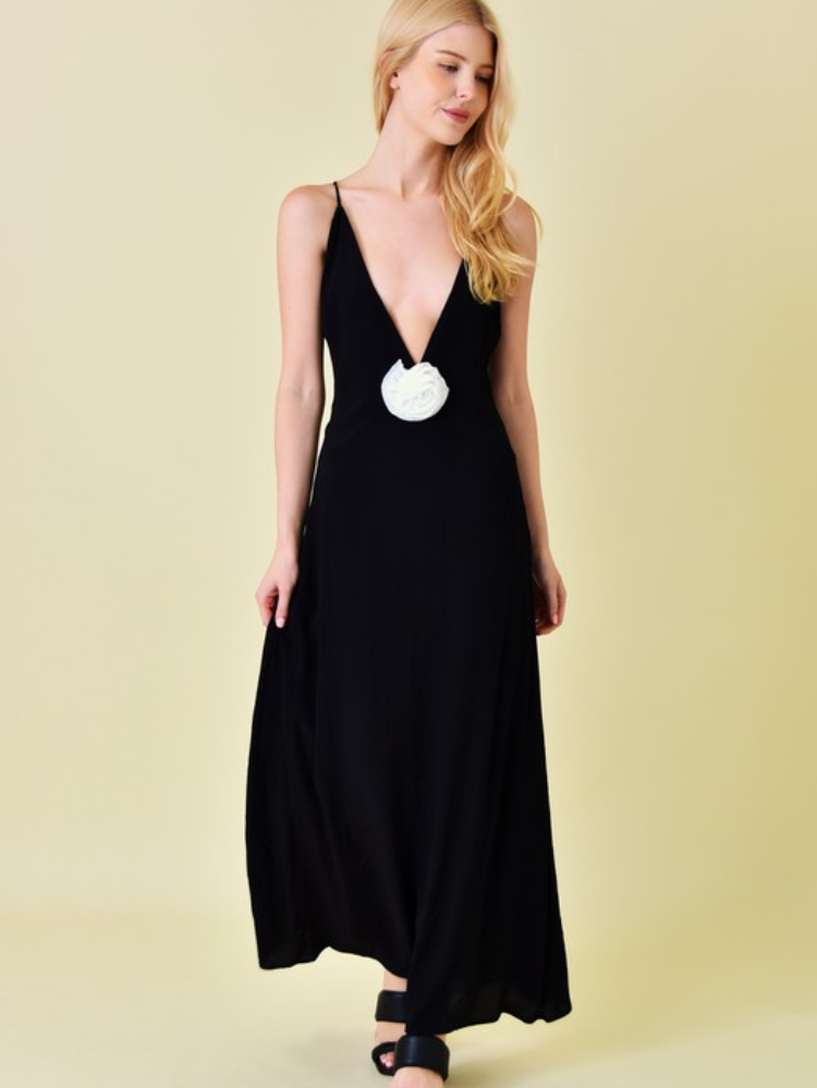 Bridget Black and White Rosette Maxi Dress