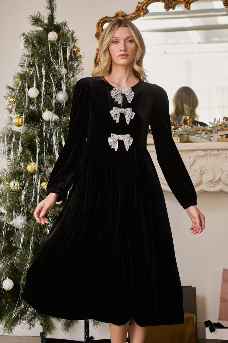 Brigette Bow Velvet Midi Dress - Black  Confte