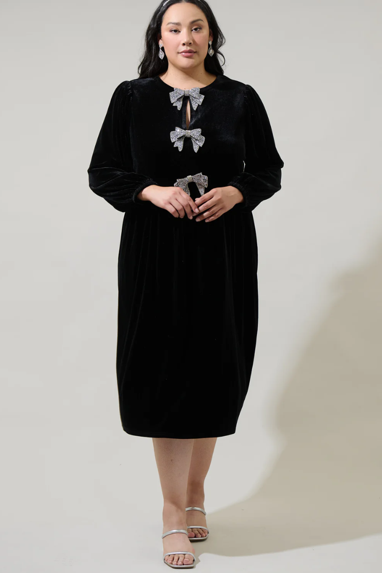 Jena Glow Bow Velvet Midi Dress: Black XS Jena Glow Bow Velvet Midi Dress: Black XS