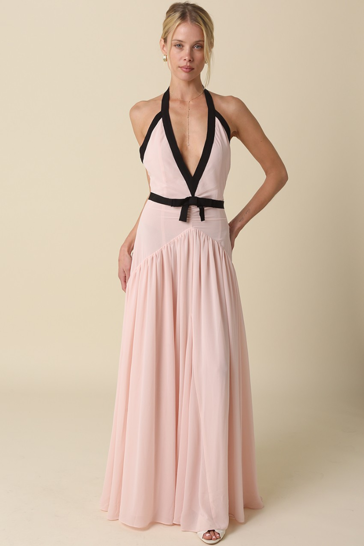 Camille Maxi Dress with Bow Detail - Blush S / Pink