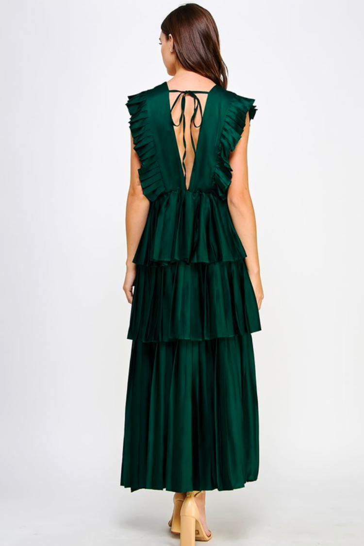 clara alpine green satin tiered maxi dress