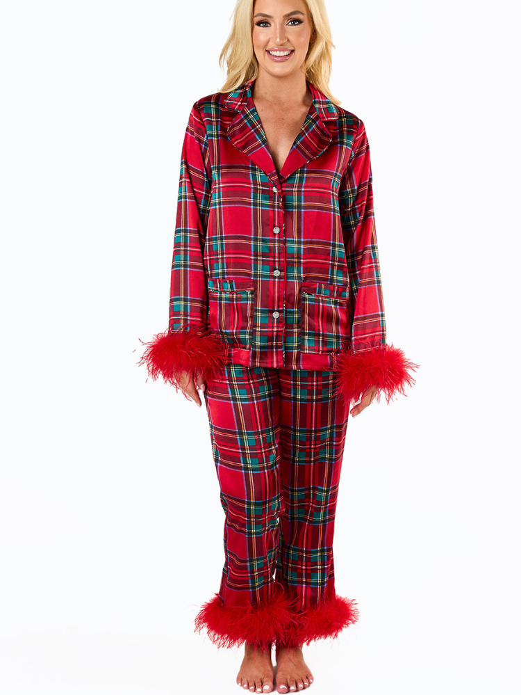 Danica Tartan Feather Trim Pajama Set
