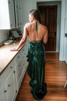 green sequin halter maxi dress