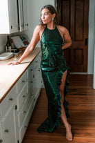 green sequin halter maxi dress