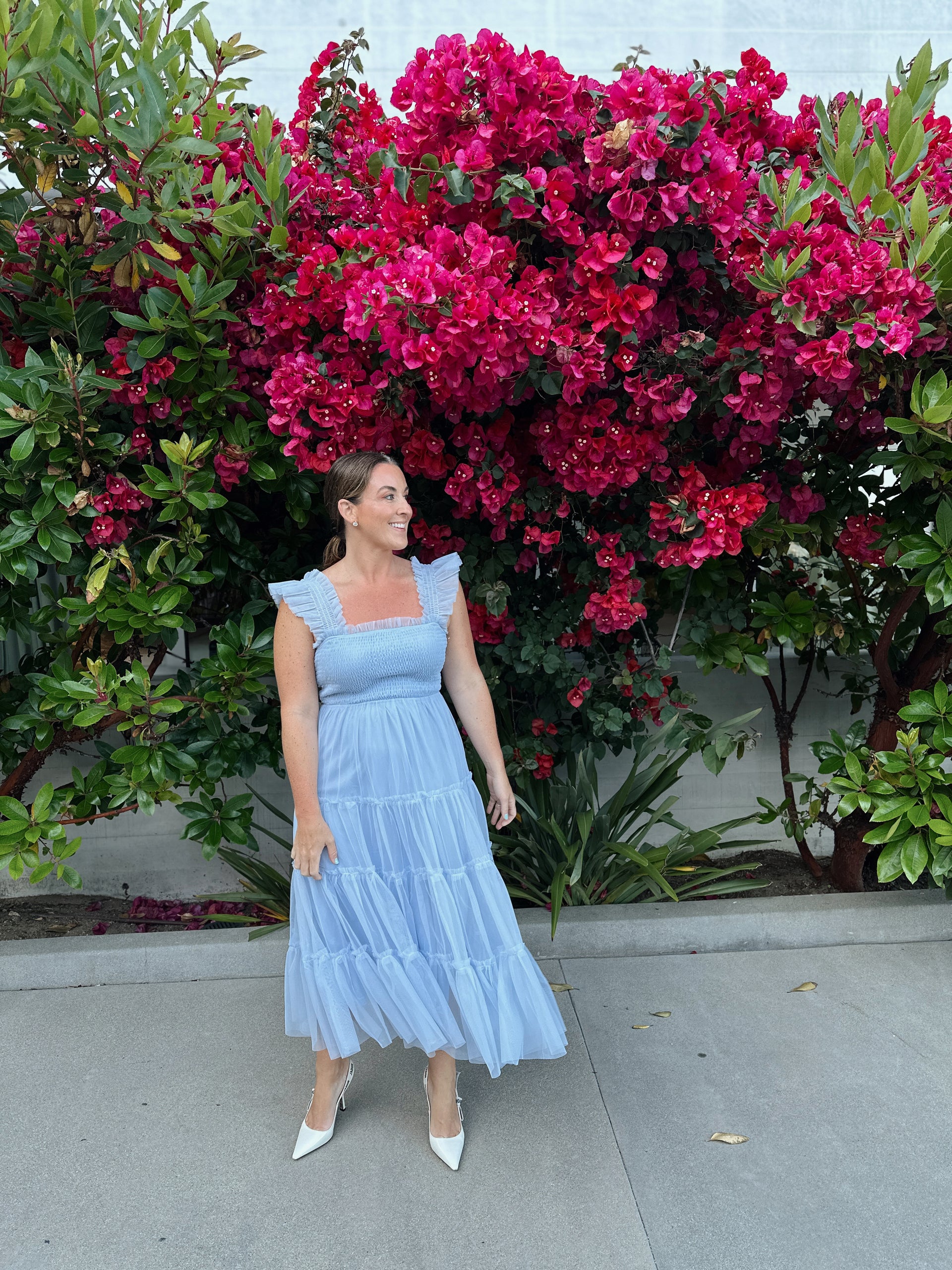 knee length dresses for ladies Fiori Short Blue Tulle Tiered Midi Dress