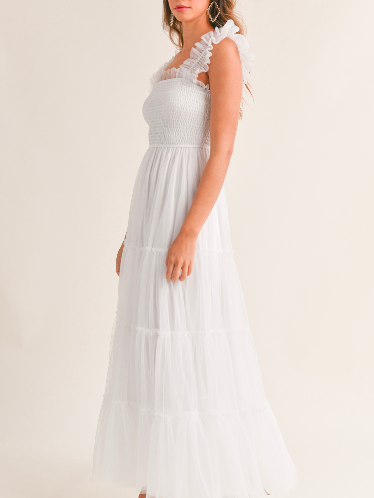 Fiori Tulle Tiered Maxi Dress - White