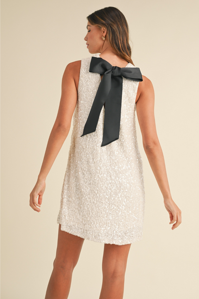 Irina White Sequin Sleeveless Mini Dress with Black Bow XL