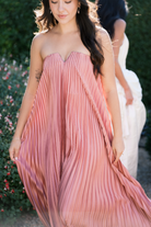 deep pink pleated strapless maxi dress for wedding guest dress, pink wedding guest dress