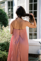 deep pink pleated strapless maxi dress for wedding guest dress, pink wedding guest dress