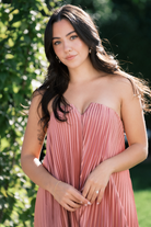 deep pink pleated strapless maxi dress for wedding guest dress, pink wedding guest dress