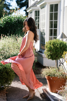 deep pink pleated strapless maxi dress for wedding guest dress, pink wedding guest dress