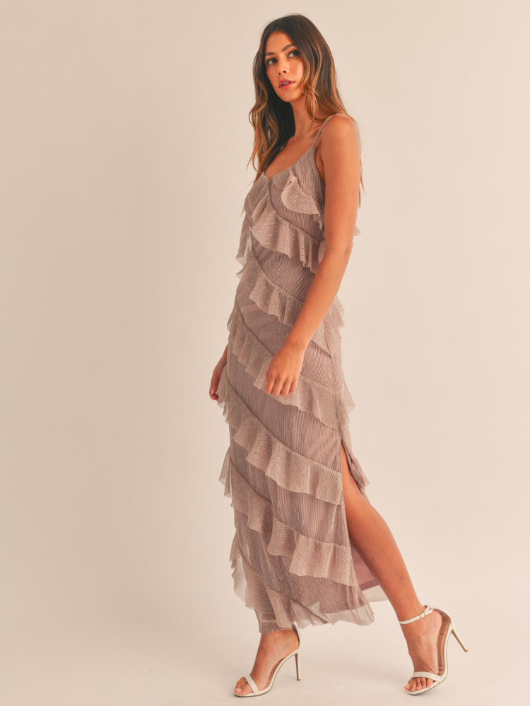 dusty pink maxi dress with ruffles