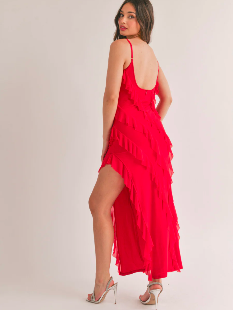 Natalia Bias Cut Ruffled Maxi Dress - Cherry Red