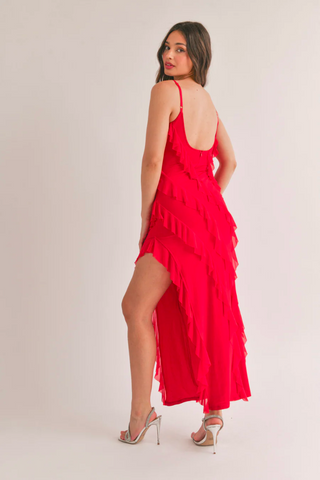 Natalia Bias Cut Ruffled Maxi Dress - Cherry Red