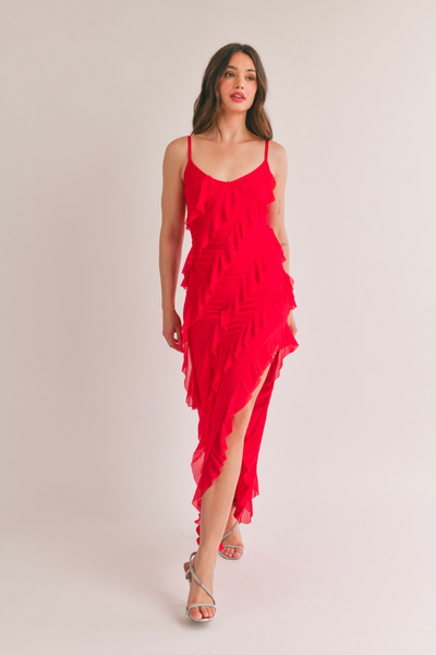 long red ruffle dress Natalia Bias Cut Ruffled Maxi Dress - Cherry Red