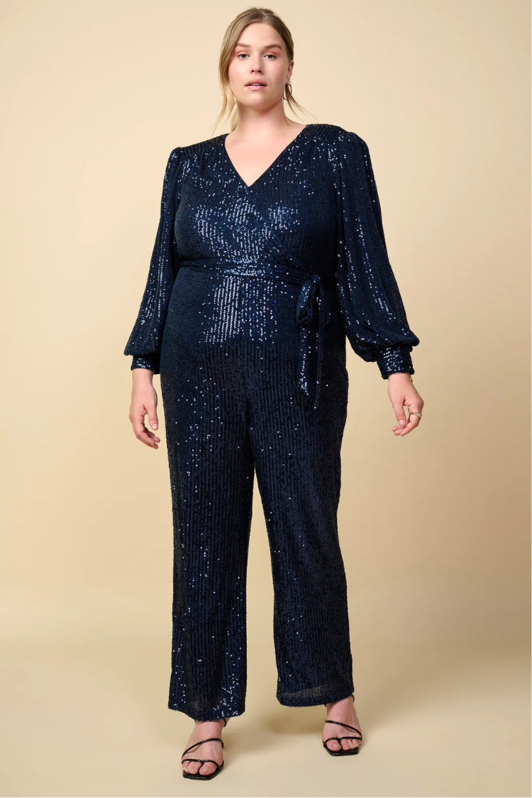 navy wrap sequin jumpsuit