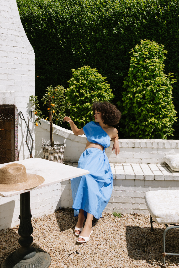 blue midi cut out dress Blue Sleeveless Cut-Out Linen Midi Dress in Poetry Blue