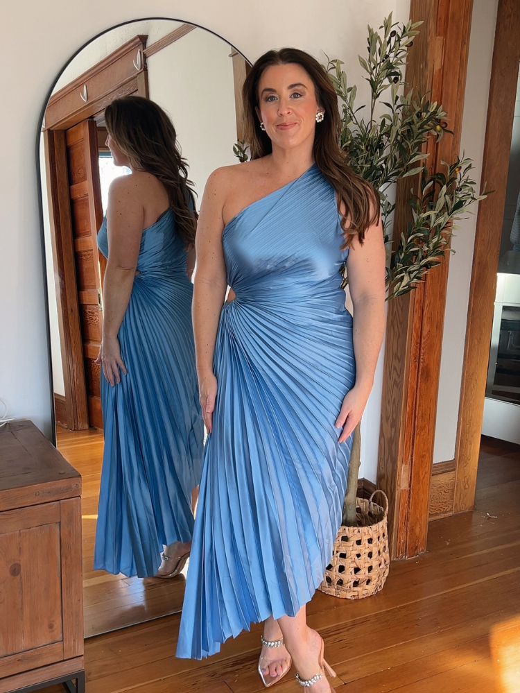 Pre-Order - Olympia Blue Pleated One Shoulder Gown - 6/28