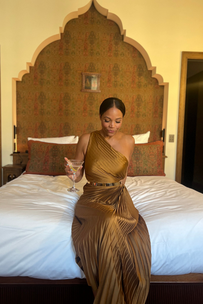 Olympia Bronze Pleated One Shoulder Gown – Confête