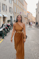 olympia one shoulder bronze pleated midi dress